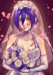 1girl absurdres blood blood_on_clothes blood_on_face bouquet bridal_veil chainsaw_man closed_mouth dress elbow_gloves falling_petals flower gloves green_eyes hair_between_eyes highres holding holding_bouquet nyuakel petals purple_hair reze_(chainsaw_man) solo veil wedding_dress white_dress white_flower white_gloves