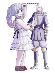 1boy 1girl absurdres armor blue_hair blue_tunic brown_hair cc_guiya chainmail closed_mouth colored_tips dress elezen elf expressionless eyebrows_hidden_by_hair final_fantasy final_fantasy_xiv flat_chest from_side full_body hand_on_own_hip height_difference highres lalafell looking_at_viewer medium_hair multicolored_hair open_mouth pointy_ears ponytail purple_eyes shoulder_pads simple_background smile smirk tunic v white_background white_dress