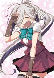 1girl ahoge aqua_bow aqua_bowtie asashimo_(kancolle) asashimo_kai_ni_(kancolle) asymmetrical_legwear bow bowtie breasts closed_eyes cowboy_shot dress gradient_background grey_eyes grey_hair grey_thighhighs hair_over_one_eye highres hot kanmiya_shinobu kantai_collection long_hair open_mouth ponytail purple_dress purple_vest seamed_legwear sharp_teeth shirt side-seamed_legwear sleeves_rolled_up small_breasts solo teeth thighhighs vest white_shirt