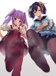 1girl absurdres alice_gear_aegis blush echigo-yuzawa_kasumi fan feet grey_eyes highres ichijou_ayaka long_hair looking_at_viewer onsen_musume open_mouth panties panties_under_pantyhose pantyhose pantyshot parted_lips purple_eyes purple_hair soles steam toes twintails underwear upskirt