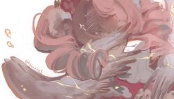 Rule 34 | 1girl, angel wings, aqua eyes, blowing, collar, commentary, covered face, crack, crying, crying with eyes open, drill hair, english commentary, floating hair, flying teardrops, gold tears, hair between eyes, hair ornament, highres, honkai: star rail, honkai (series), hyacine (honkai: star rail), long hair, looking at viewer, multicolored hair, one eye covered, pink hair, plusx ie, raised inner eyebrows, sad smile, simple background, solo, solo focus, sparkle, sparkling eyes, tears, twin drills, white background, white collar, white wings, wings, yellow blood