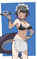 Rule 34 | 1girl, absurdres, apron, bikini, black bikini, black hair, breasts, candy, cleavage, collar, cup, drinking glass, ellen joe, fins, fish tail, food, hand on own hip, highres, lollipop, looking at viewer, maid apron, maid headdress, mole, mole under eye, multicolored hair, navel, open mouth, pink hair, red eyes, shark tail, short hair, solo, swimsuit, tail, tray, tsuneshima, two-tone hair, wrist cuffs, zenless zone zero