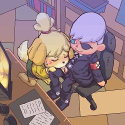 1boy 1girl blonde_hair chair animal_crossing eyepatch closed_eyes fellatio furry hetero honzawa_yuuichirou lowres nazi nintendo oral purple_hair sex isabelle_(animal_crossing) short_hair villager_(animal_crossing)
