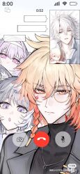2boys 2girls alternate_costume animal_ears antenna_hair black_jacket black_shirt blonde_hair braid castorice_(honkai:_star_rail) cat_ears cat_girl character_doll cipher_(honkai:_star_rail) commentary doll facial_tattoo gradient_hair hair_between_eyes hair_intakes highres holding holding_doll honkai:_star_rail honkai_(series) implied_yaoi jacket male_focus medium_hair monocle multicolored_hair multiple_boys multiple_girls mydei_(honkai:_star_rail) open_mouth parted_bangs phainon_(honkai:_star_rail) ponytail purple_eyes purple_hair red_hair red_tattoo shallowlig82848 shirt short_hair side_braid tattoo turtleneck video_call white_hair white_shirt yellow_eyes