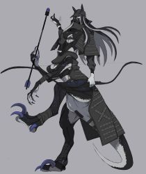 10den 1girl arm_wrap arrow_(projectile) baseball_cap black_gloves black_hair black_hat black_mask black_scales bow_(weapon) bright_pupils chest_harness claws cleavage_cutout clothing_cutout colored_skin covered_mouth cutout_above_navel dinosaur_girl dinosaur_tail fingerless_gloves full_body gloves grey_background grey_hair grey_scales grey_skin hair_between_eyes harness hat high_collar highres holding holding_arrow holding_bow_(weapon) holding_weapon leg_wrap long_hair long_sleeves looking_at_viewer mask monster_girl mouth_mask multicolored_hair nail_polish ninja_mask original partially_fingerless_gloves purple_eyes purple_nails purple_scales scales simple_background single_fingerless_glove skin_tight solo standing standing_on_one_leg streaked_hair tail taur two-tone_hair weapon white_pupils