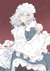 1girl absurdres apron apron_hold black_pantyhose blue_dress blue_hair braid commentary_request cowboy_shot dress green_hair grey_hair hair_between_eyes highres izayoi_sakuya kawayabug long_sleeves maid maid_apron maid_headdress medium_hair pantyhose parted_lips side_braids solo thighband_pantyhose touhou white_apron