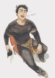 1boy baseball_cap black_hair black_hat black_pants black_shirt chair closed_eyes commentary compression_sleeve converse crew_neck english_commentary full_body haikyuu!! hat highres holding holding_unworn_clothes holding_unworn_hat male_focus miya_osamu open_mouth pants shadow shirt shoelaces shoes sideburns simple_background sitting solo teeth tel_(iimalet_down) thick_eyebrows tongue unworn_hat unworn_headwear white_background yawning