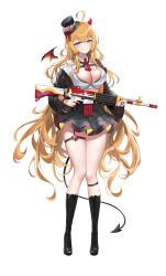 1girl absurdres ahoge assault_rifle black_boots black_jacket black_skirt blonde_hair blue_eyes boots breasts cleavage collared_shirt commentary_request crop_top daewoo_k2 demon_horns demon_tail detached_wings full_body grin gun hat hibiwa highres holding holding_gun holding_weapon horns jacket knee_boots korean_commentary lace-up_boots lace_trim large_breasts long_hair long_sleeves looking_at_viewer midriff mini_wings miniskirt necktie off_shoulder open_clothes open_jacket original pleated_skirt red_necktie rifle shirt short_necktie simple_background single_wing skindentation skirt smile solo standing tail thigh_strap thighs top_hat very_long_hair weapon white_background white_shirt wings