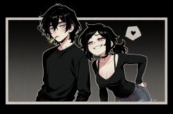 Rule 34 | 1boy, 1girl, andrew graves, ashley graves, black hair, breasts, cleavage, commentary, english commentary, gozuu, heart, highres, large breasts, long hair, self-upload, shirt, short hair, siblings, simple background, smile, the coffin of andy and leyley, upper body