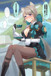 1girl absurdres animal_ear_fluff animal_ears black_pantyhose blush breasts brown_hair cat_ears cat_girl cat_tail chair cup female_focus genshin_impact have_to_pee highres knees_together_feet_apart lynette_(genshin_impact) pantyhose purple_eyes sitting skirt solo speech_bubble star_tattoo sweatdrop tail tattoo teacup thought_bubble translation_request trembling twitter_username