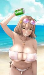 1girl absurdres ahoge anis_(nikke) anis_(sparkling_summer)_(nikke) arm_up aviator_sunglasses bare_shoulders bikini blush breasts brown_hair can cleavage collarbone covered_erect_nipples drink_can eyepatch_bikini eyewear_on_head goddess_of_victory:_nikke grin highres jewelry large_breasts looking_at_viewer navel necklace pink-tinted_eyewear raskasar short_hair smile soda_can solo star_(symbol) star_necklace sunglasses swimsuit thighs tinted_eyewear white_bikini yellow_eyes