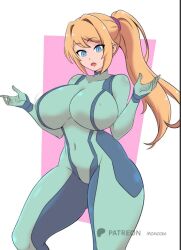1girl artist_name blonde_hair blue_bodysuit blue_eyes bodysuit breasts impossible_bodysuit impossible_clothes long_hair metroid nintendo noboru_ecchi ponytail samus_aran simple_background skin_tight solo zero_suit