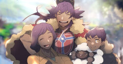 1girl 2boys brothers cape closed_eyes dark-skinned_female dark-skinned_male dark_skin family_portrait gen_8_pokemon hop&#039;s_mother_(pokemon) hop_(pokemon) leon_(pokemon) mother_and_son multiple_boys nintendo no-kan one_eye_closed pokemon pokemon_swsh siblings wink wooloo yellow_eyes
