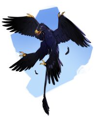 absurdres animal_focus archaeopteryx beak bird black_feathers black_tail combos_&amp;_doodles feathered_wings feathers highres microraptor no_humans original solo wings