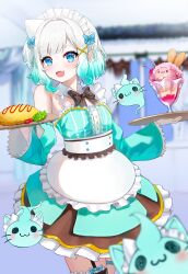 1girl absurdres apron bare_shoulders blue_bow blue_eyes bow detached_sleeves dio_dio dress fang food frilled_apron frilled_dress frills gradient_hair green_dress green_hair hair_bow hair_ornament highres holding holding_tray indie_virtual_youtuber long_sleeves looking_at_viewer maid maid_headdress mint_fantome mint_fantome_(minto_2.0) multicolored_hair omelet omurice open_mouth pointy_ears short_hair sidelocks skin_fang solo tray triangular_headpiece virtual_youtuber waist_apron white_apron white_hair wisps_(mint_fantome) x_hair_ornament