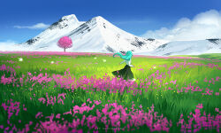 1girl aqua_hair artist_name black_skirt blue_sky bug butterfly cherry_blossoms cloud day facing_away field flower flower_field from_behind grass huhv. insect long_hair long_skirt mountain mountainous_horizon original outdoors pink_flower scenery shirt skirt sky solo tree white_shirt wide_shot wind