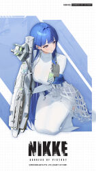 Rule 34 | 1girl, arcana (nikke), blue hair, blush, breasts, closed mouth, commentary, dress, earrings, english commentary, goddess of victory: nikke, grey eyes, gun, hair intakes, high heels, highres, holding, holding gun, holding weapon, jewelry, kneeling, large breasts, long hair, long sleeves, official art, pocket square, rocket launcher, shoes, sidelocks, smile, solo, weapon, white dress, white shoes