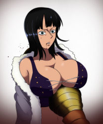 Rule 34 | 1boy, 1girl, black hair, blood, blunt bangs, blush, breasts, cleavage, collarbone, crocodile (one piece), fur collar, fur trim, haibokusha46, highres, impaled, large breasts, navel, nico robin, nico robin (alabasta), one piece, snuff, upper body