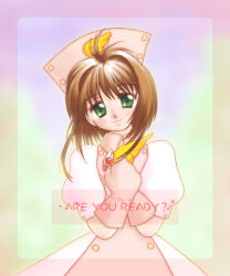 1girl 2000s_(style) bad_id blush brown_hair cardcaptor_sakura closed_mouth cowboy_shot dress english_text gloves green_background green_eyes hat head_tilt kinomoto_sakura looking_at_viewer lowres morizono_teruhiko nurse_cap pink_dress pink_gloves puffy_short_sleeves puffy_sleeves purple_background short_hair short_sleeves smile solo