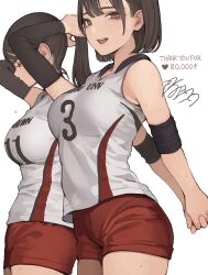 2girls absurdres armband arms_up breasts brown_eyes brown_hair detached_sleeves gym_shorts gym_uniform highres koh_(minagi_kou) large_breasts long_hair looking_at_viewer medium_breasts multiple_girls original ponytail red_shorts shirt short_hair shorts siblings sisters sleeveless sportswear stretching volleyball_uniform white_shirt
