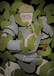 Rule 34 | 1boy, absurdres, armor, belt, black background, blonde hair, blush, brown belt, brown eyes, commission, cow, dungeon meshi, highres, laios touden, male focus, pants, pauldrons, saliva, short hair, shoulder armor, sweat, tentacle in mouth, tentacles, tongueeeeeee, torn clothes, torn pants, white pants, wide-eyed, yaoi