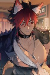 1boy ? animal_ears black_choker black_hair black_jacket blush choker collarbone commentary ear_piercing g_mi_18 hair_between_eyes highres jacket jewelry komano_manato large_pectorals male_focus multicolored_hair muscular muscular_male necklace nipples open_clothes open_jacket out_of_frame pectorals piercing red_eyes red_hair scar scar_on_chest scar_on_face shirt short_hair solo_focus teeth white_shirt zenless_zone_zero