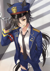 1girl ahoge air_shakur_(umamusume) alternate_costume animal_ears arm_up armband black_gloves black_hair black_necktie blue_jacket blue_pants buttons collared_shirt cuffs ears_through_headwear employee_uniform eyebrow_piercing face_piercing fangs gloves hair_over_one_eye hair_through_headwear hand_in_pocket handcuffs hat highres horse_ears jacket key legs_apart long_hair looking_at_viewer mouth_hold necktie pants parted_lips piercing shirt shuten_(shutehaan) smile solo standing stomach teeth_hold tomboy torn_clothes torn_hat torn_pants torn_shirt train_conductor umamusume unbuttoned v-shaped_eyebrows very_long_hair white_shirt wing_collar yellow_eyes