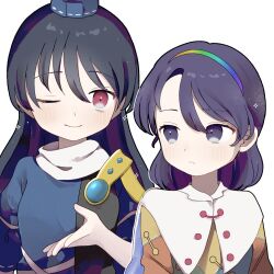 Rule 34 | 2girls, armor, black hair, blue dress, blue gemstone, blue hairband, blue hat, cloak, closed mouth, dress, gem, green dress, green hairband, hair between eyes, hairband, hand up, hat, highres, iizunamaru megumu, juliet sleeves, long hair, long sleeves, looking at another, multicolored dress, multicolored hairband, multiple girls, one eye closed, orange dress, orange hairband, patchwork clothes, puffy long sleeves, puffy sleeves, purple eyes, purple hair, purple hairband, red eyes, red hairband, s hirono28, short hair, shoulder armor, sky print, smile, tenkyuu chimata, tokin hat, touhou, upper body, white cloak, yellow dress, yellow hairband