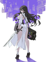 1girl absurdres ankle_socks arowana2111 artist_name ass backless_dress backless_outfit bag black_gloves black_hair black_shoes breasts brown_eyes closed_mouth clothing_cutout commentary dated_commentary dress duffel_bag english_commentary fingerless_gloves floating_hair from_behind gloves hair_between_eyes high_heels highres holding holding_sword holding_weapon large_breasts long_hair looking_at_viewer looking_back original pelvic_curtain shadow shoes shoulder_cutout socks solo standing sword thigh_strap three-quarter_sleeves very_long_hair weapon white_dress white_socks