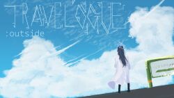 1girl baseball_cap blue_archive blue_sky cloud coat commentary_request cumulonimbus_cloud day facing_away halo hat highres kani_etizen03 long_hair saori_(blue_archive) scenery sky white_coat