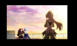 3girls akino_kaede anime_coloring artist_request back_bow black_border blonde_hair blue_bow blue_dress blue_hair blunt_bangs border bow bowtie braid brown_skirt capelet clothing_cutout collar collared_dress cowboy_shot crossed_arms detached_collar dress earrings fleur-de-lis floating_hair frilled_collar frilled_sleeves frills from_behind game_cg gold_earrings green_collar green_hat green_pantyhose green_shirt green_skirt hair_ornament hair_scrunchie half_up_half_down_braid happy hat hat_on_back high_collar holding holding_staff jewelry large_bow leaf_hair_ornament long_hair long_sleeves looking_at_another magia_record:_mahou_shoujo_madoka_magica_gaiden magical_girl mahou_shoujo_madoka_magica minami_rena miniskirt mountainous_horizon multiple_girls off-shoulder_dress off_shoulder official_art open_mouth orange_capelet outdoors pantyhose pink_scrunchie pleated_skirt ponytail railing red_bow red_bowtie red_eyes red_hair scrunchie shirt short_sleeves skirt skirt_under_dress sleeveless sleeveless_dress smile staff stomach_cutout striped_clothes striped_dress sun sunset suspender_skirt suspenders tareme togame_momoko triangle_earrings two-tone_dress two_side_up vertical-striped_clothes vertical-striped_dress very_long_hair white_bow white_dress white_sleeves white_wrist_cuffs wind witch_hat wrist_cuffs
