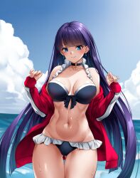 1girl bare_shoulders bikini black_bikini blue_eyes breasts choker cleavage collarbone cross cross_choker fate/grand_order fate_(series) highres ianzky jacket large_breasts long_hair long_sleeves looking_at_viewer martha_(fate) martha_(swimsuit_ruler)_(fate) martha_(swimsuit_ruler)_(second_ascension)_(fate) navel off_shoulder open_clothes open_jacket purple_hair red_jacket smile solo swimsuit thighs