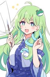 1girl :d ahoge bare_shoulders blue_skirt blush_stickers breasts clenched_hand collared_shirt detached_sleeves dot_nose double-parted_bangs frog_hair_ornament gohei green_eyes green_hair hair_behind_ear hair_ornament haruki_reimari holding holding_gohei kochiya_sanae large_breasts long_hair long_sleeves looking_at_viewer open_mouth patterned_clothing print_skirt shirt simple_background single_sidelock skirt skirt_set sleeveless sleeveless_shirt smile snake_hair_ornament solo sparkling_eyes star_(symbol) touhou upper_body white_background wide_sleeves wing_collar