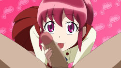 1boy 1girl aino_megumi atelier_gons bent_over censored fellatio handjob happinesscharge_precure! hetero highres oral penis pink_hair pov precure purple_eyes red_hair tongue tongue_out