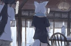 ... 2girls absurdres animal_ears black_hair black_shirt bottomless chair commentary_request facing_away feet_out_of_frame fox_ears fox_tail from_behind glass glass_door highres hololive indoors long_hair looking_outside milk_carton multiple_girls oozora_subaru ponytail rain shirakami_fubuki shirt shorts sliding_doors soutanookiba speech_bubble spoken_ellipsis standing t-shirt table tail towel towel_around_neck translation_request tree white_hair white_shirt window wooden_ceiling