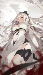 1girl absurdres black_bow blood bow breasts cape chinese_commentary cleavage commentary_request drag-on_dragoon drag-on_dragoon_3 dragon dress elbow_gloves floating_hair flower_in_eye from_below gloves hair_bow hair_ornament hairclip highres holding holding_sword holding_weapon jewelry large_breasts long_hair looking_at_viewer lunar_tear midriff mikhail_(drag-on_dragoon) one_eye_covered parted_lips pelvic_curtain pmg red_eyes side_cape solo standing swept_bangs sword symbol_in_eye thighlet very_long_hair weapon white_cape white_dress white_gloves white_hair zero_(drag-on_dragoon)