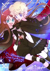 2girls black_dress black_gloves blonde_hair cape chocolat_meilleure commentary_request dress dutch_angle earrings gloves green_eyes heart_pendant highres holding_hands jewelry long_hair looking_back magical_girl multiple_girls open_mouth orange_hair purple_eyes short_hair smile sugar_sugar_rune vanilla_mieux witch yuzikoz_mega