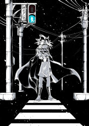 1boy ancient_egyptian_clothes anklet atem black_background black_cape cable cape crosswalk facing_viewer greyscale highres jewelry kirav83 lamppost metal_bracelet millennium_puzzle monochrome outdoors outstretched_hand partially_colored road_sign robe sign spiked_hair standing traffic_light usekh_collar white_footwear white_robe wind yu-gi-oh! yu-gi-oh!_the_dark_side_of_dimensions