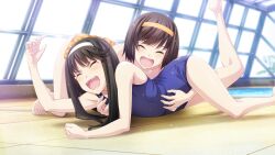 1boy 1girl armband barefoot bikini bikini_skirt black_hair blue_one-piece_swimsuit blunt_bangs brother_and_sister brown_hair chaos;child chaos;child_love_chu_chu! closed_eyes collarbone crossdressing flat_chest frilled_bikini frills game_cg hairband happy_tears highres indoors laughing light_particles long_hair non-web_source official_art one-piece_swimsuit open_mouth orange_bikini pool poolside sasaki_mutsumi school_swimsuit short_hair siblings sidelocks smile swimsuit tachibana_yui tachibana_yuuto tears teeth tickling tickling_sides tickling_stomach tongue trap water white_armband white_hairband yellow_armband