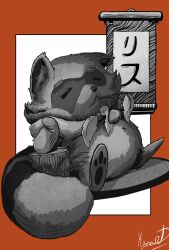 animal animalization border brown_border closed_eyes commentary greyscale hanging_scroll head_rest highres indie_virtual_youtuber kenart7_7 monochrome mouth_hold raccoon rakkun_sutaru scroll signature sleeping spanish_commentary stalk_in_mouth tanuki translated tree_stump white_background