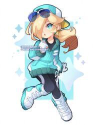 1girl aqua_jacket backwards_hat black_leggings black_tank_top blonde_hair blue_eyes boots earrings eyewear_on_head fingerless_gloves gloves hair_over_one_eye hat highres jacket jewelry leggings long_hair mario_(series) mario_kart mario_kart_world nintendo official_alternate_costume ponytail rosalina rosalina_(touring) sandragh solo star_(symbol) star_earrings sunglasses tank_top white_boots white_gloves