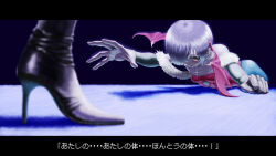 1girl absurdres animal_print bare_shoulders bat_print bat_wings boots bridal_gauntlets check_translation colored_skin crying crying_with_eyes_open demon_girl dialogue_box fingernails fur_trim hair_over_one_eye head_wings high_heel_boots high_heels highres leotard lilith_(darkstalkers) lying morrigan_aensland nojob_hiro on_stomach one_piece open_hand pantyhose print_pantyhose purple_hair reaching red_leotard shining short_hair solo tears translation_request wings yellow_eyes