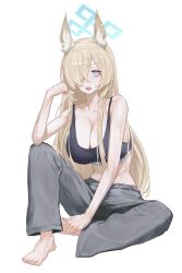 1girl absurdres alternate_costume animal_ear_fluff animal_ears barefoot black_sports_bra blonde_hair blue_archive blue_eyes blue_halo blush breasts calvin_klein cleavage collarbone commentary dog_ears dog_girl feet full_body grey_pants hair_over_one_eye halo highres houh888 kanna_(blue_archive) long_hair looking_at_viewer midriff navel open_mouth panties pants panty_peek solo sports_bra teeth toes underwear very_long_hair