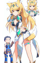 Rule 34 | 1boy, 1girl, :3, absurdres, animal ears, arm strap, bakeneko1212, bare shoulders, black hair, blonde hair, breasts, brown gloves, closed eyes, closed mouth, commentary request, dress, earrings, elbow gloves, feet out of frame, fox ears, fox tail, gem, gloves, green gemstone, hand on own hip, highres, jewelry, kemonomimi mode, large breasts, looking at viewer, looking back, multiple views, mythra (xenoblade), open mouth, paw pose, puff of air, rex (xenoblade), short dress, simple background, solo focus, tail, thigh strap, thumbs up, tiara, white background, white dress, white gloves, xenoblade chronicles (series), xenoblade chronicles 2, yellow eyes