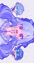 1boy 2girls akr0094 belle_(zenless_zone_zero) blush chibi chibi_inset commentary_request frilled_hairband frills hairband highres long_hair looking_at_viewer mole mole_under_eye multiple_girls open_mouth purple_hair purple_nails red_eyes sideways solo_focus vivian_banshee watermark wise_(zenless_zone_zero) zenless_zone_zero