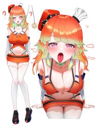 1girl ? @_@ blush bow bow_choker breasts chef_hat choker cleavage coin coin_on_string dadangge detached_sleeves earrings feather_earrings feathers gradient_hair green_choker hat highres holed_coin hololive hololive_english hypnosis jewelry large_breasts long_hair looking_at_viewer midriff mind_control mini_chef_hat multicolored_hair multiple_hats navel open_clothes open_mouth orange_hair purple_eyes simple_background solo takanashi_kiara takanashi_kiara_(1st_costume) thighhighs tongue tongue_out virtual_youtuber white_background white_thighhighs