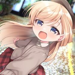 1girl aged_down araragi_ayune beret blonde_hair blue_eyes blurry blurry_background brown_coat brown_hat child coat collared_shirt commentary dutch_angle hat isshiki-san_wa_koi_wo_shiritai. long_sleeves looking_at_viewer open_mouth plaid_clothes plaid_skirt pleated_skirt red_skirt rinna_milford shirt skirt smile solo swept_bangs symbol-only_commentary white_shirt
