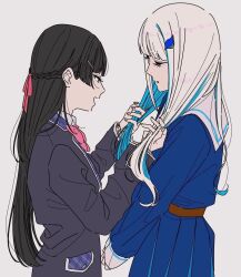 2girls black_hair black_jacket blue_hair blue_serafuku bow bowtie braid colored_inner_hair from_side hair_ornament hair_ribbon hairclip half_up_braid highres holding_another&#039;s_hair jacket kamatama_rom lize_helesta lize_helesta_(4th_costume) long_hair long_sleeves looking_at_another multicolored_hair multiple_girls nijisanji official_alternate_costume pink_bow pink_bowtie pleated_skirt purple_eyes ribbon school_uniform serafuku simple_background skirt smile tsukino_mito tsukino_mito_(1st_costume) two-tone_hair upper_body virtual_youtuber white_background white_hair