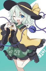 1girl ;d absurdres ankle_boots aqua_background black_boots black_hat boots chinese_commentary commentary_request contrast_collar cowboy_shot fang floral_print frilled_shirt_collar frilled_skirt frilled_sleeves frills green_eyes green_hair green_skirt hat hat_ribbon heart heart_of_string highres jumping koishi_day komeiji_koishi long_sleeves looking_at_viewer medium_hair one_eye_closed open_mouth print_skirt ribbon rose_print shirt skin_fang skirt smile solo standing standing_on_one_leg third_eye touhou wide_sleeves wusem0108 yellow_ribbon yellow_shirt