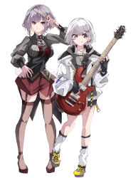 2girls absurdres amoris_(bang_dream!) bang_dream! bang_dream!_it&#039;s_mygo!!!!! black_corset black_gloves black_shirt blue_eyes calflet closed_mouth commentary_request corset drumsticks ear_piercing earrings electric_guitar esp_guitars fingerless_gloves flower_stand_art garter_straps gloves guitar hair_ornament heterochromia high_heels highres holding holding_drumsticks holding_guitar holding_instrument instrument jacket jewelry kaname_raana leg_warmers medium_hair multiple_girls nuruponnu partial_commentary piercing pink_eyes purple_hair red_shorts red_thighhighs see-through_clothes see-through_sleeves shirt shorts simple_background thighhighs tongue tongue_out white_background white_hair white_jacket white_leg_warmers wolf_cut x_hair_ornament yellow_eyes yuutenji_nyamu